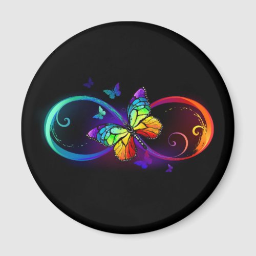 Vibrant infinity with rainbow butterfly on black magnet