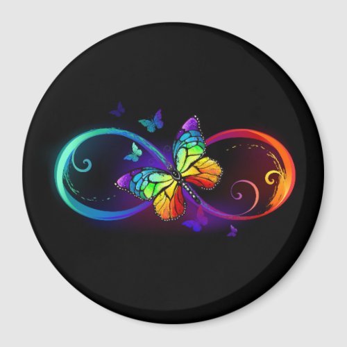 Vibrant infinity with rainbow butterfly on black  magnet