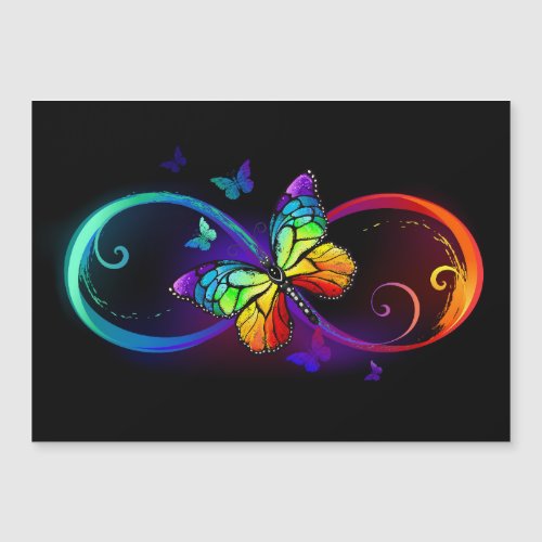 Vibrant infinity with rainbow butterfly on black magnetic invitation