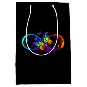 Vibrant infinity with rainbow butterfly on black medium gift bag