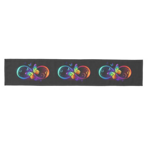 Vibrant infinity with rainbow butterfly on black medium table runner