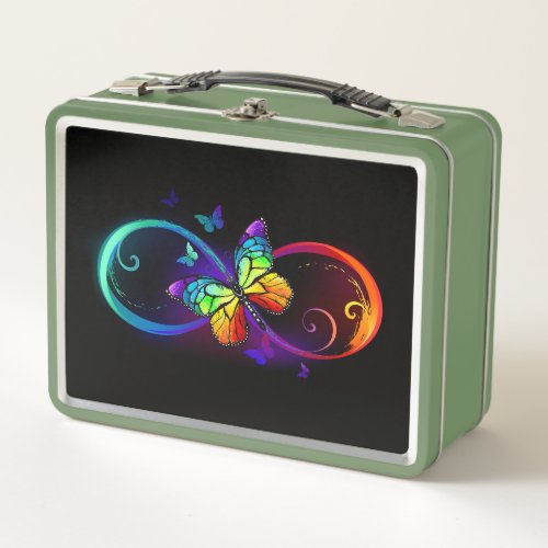 Vibrant infinity with rainbow butterfly on black  metal lunch box
