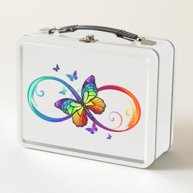 Vibrant infinity with rainbow butterfly on black  metal lunch box (Front)