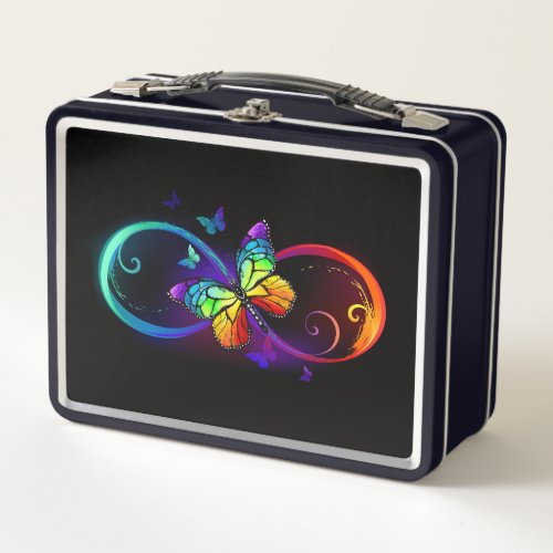 Vibrant infinity with rainbow butterfly on black  metal lunch box