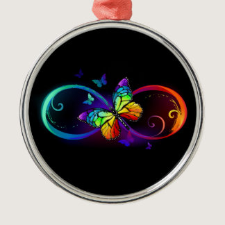 Vibrant infinity with rainbow butterfly on black metal ornament