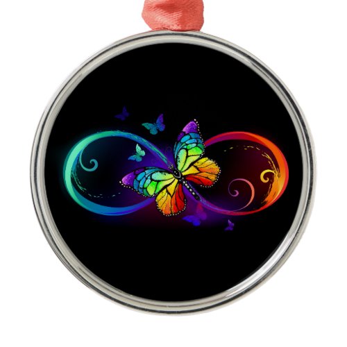 Vibrant infinity with rainbow butterfly on black metal ornament