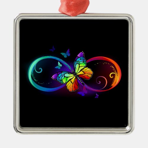 Vibrant infinity with rainbow butterfly on black metal ornament