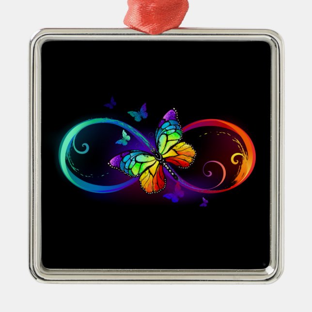 Vibrant infinity with rainbow butterfly on black metal ornament (Front)