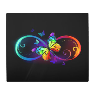 Vibrant infinity with rainbow butterfly on black metal print