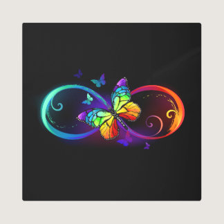 Vibrant infinity with rainbow butterfly on black metal print