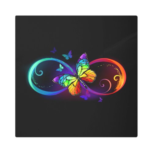 Vibrant infinity with rainbow butterfly on black metal print