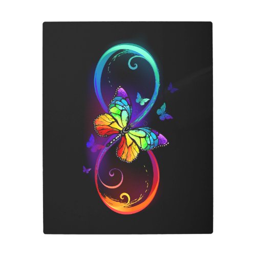 Vibrant infinity with rainbow butterfly on black metal print