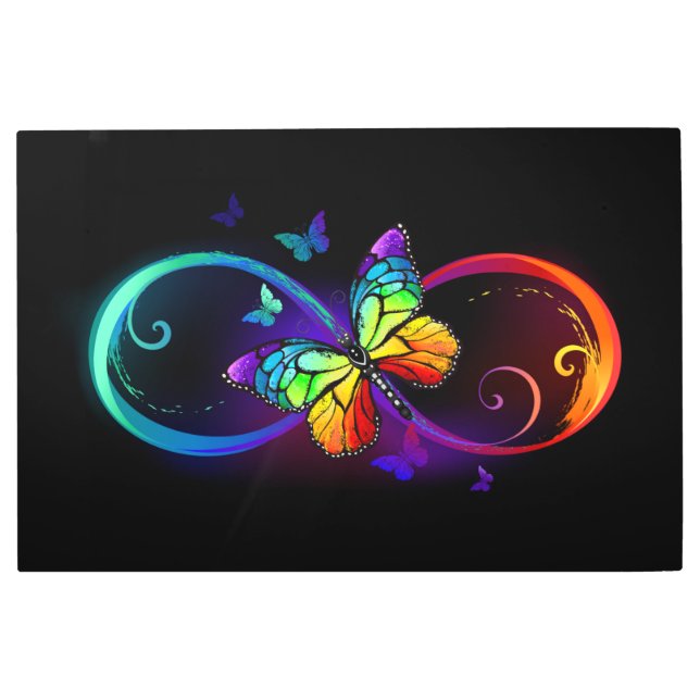 Vibrant infinity with rainbow butterfly on black metal print (Front)