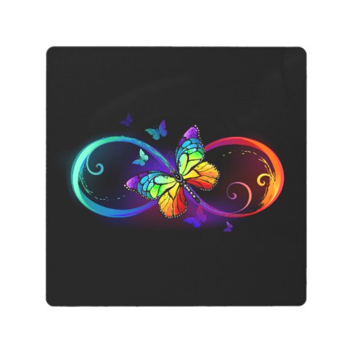 Vibrant infinity with rainbow butterfly on black metal print