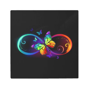 Vibrant infinity with rainbow butterfly on black metal print
