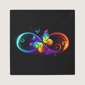 Vibrant infinity with rainbow butterfly on black metal print