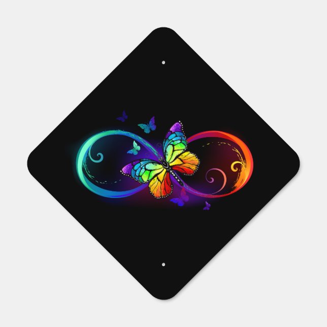 Vibrant infinity with rainbow butterfly on black metal sign (Front)