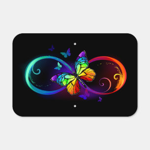 Vibrant infinity with rainbow butterfly on black metal sign