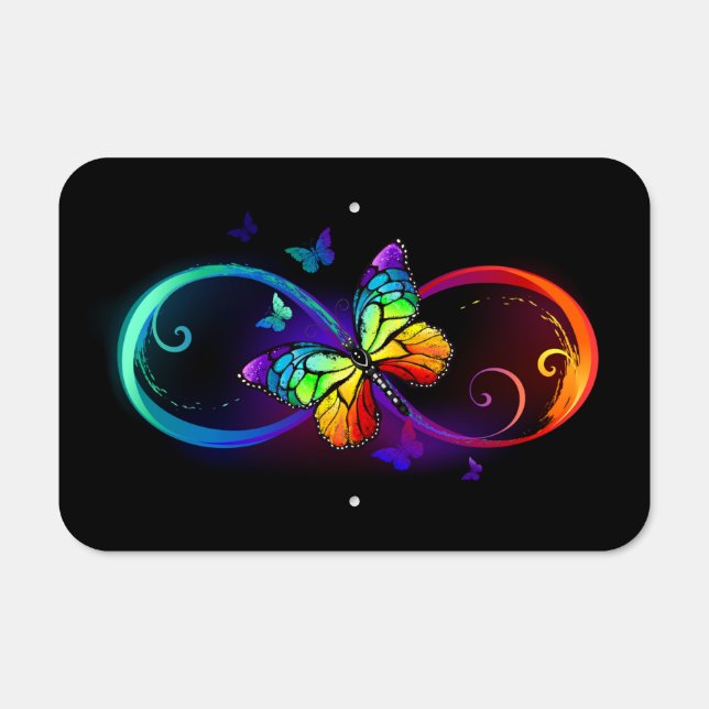 Vibrant infinity with rainbow butterfly on black metal sign (Front)