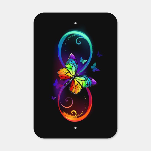 Vibrant infinity with rainbow butterfly on black metal sign (Front)