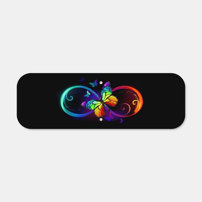 Vibrant infinity with rainbow butterfly on black metal sign (Front)