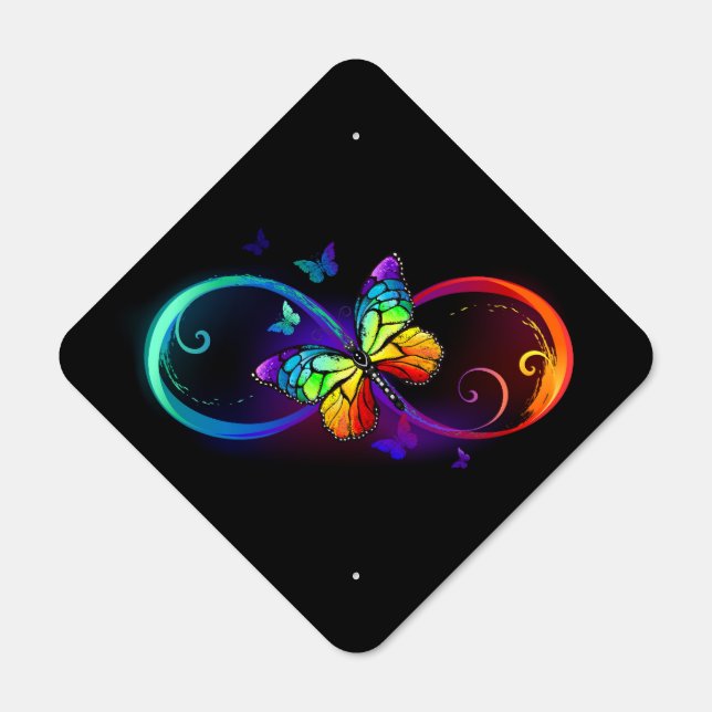 Vibrant infinity with rainbow butterfly on black metal sign (Front)