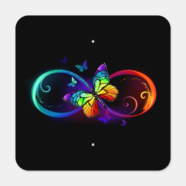 Vibrant infinity with rainbow butterfly on black metal sign (Front)