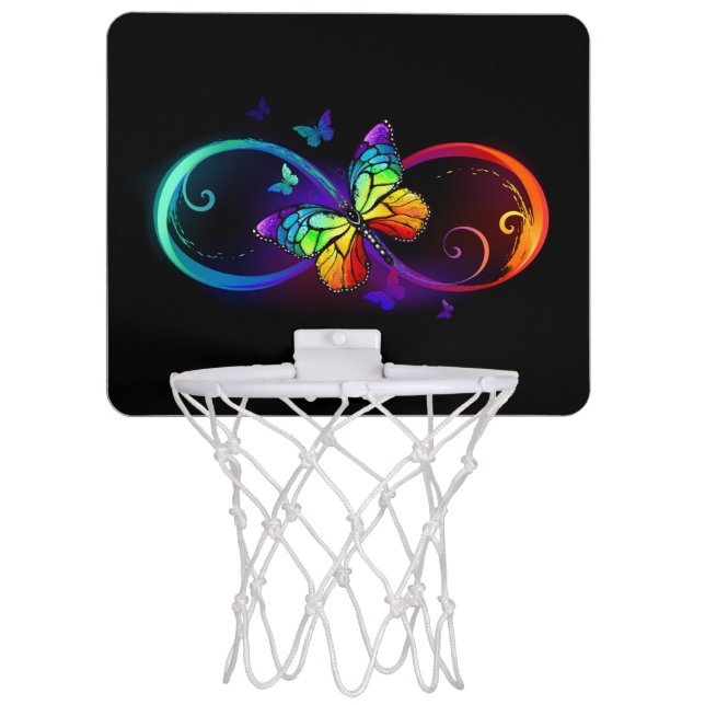 Vibrant infinity with rainbow butterfly on black mini basketball hoop (Front)