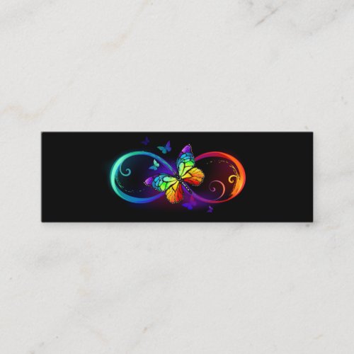 Vibrant infinity with rainbow butterfly on black  mini business card