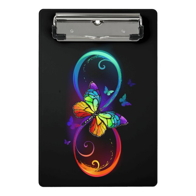 Vibrant infinity with rainbow butterfly on black mini clipboard (Front)