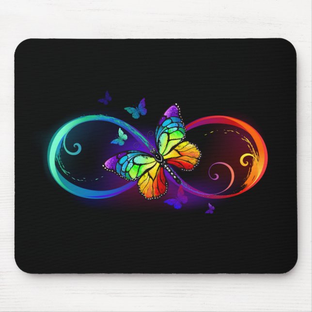 Vibrant infinity with rainbow butterfly on black mouse pad (Front)