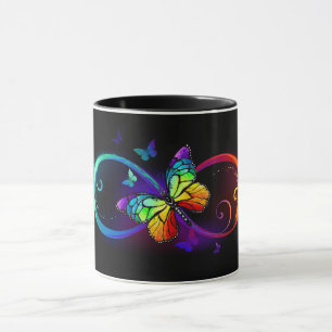 Vibrant infinity with rainbow butterfly on black mug