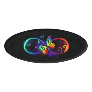 Vibrant infinity with rainbow butterfly on black name tag