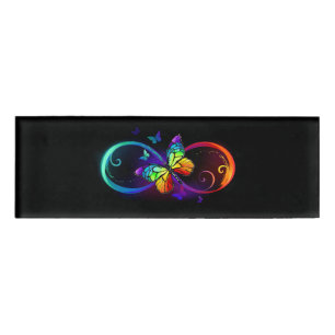 Vibrant infinity with rainbow butterfly on black name tag