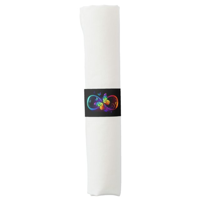 Vibrant infinity with rainbow butterfly on black napkin bands (Front)