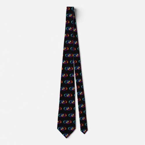 Vibrant infinity with rainbow butterfly on black neck tie