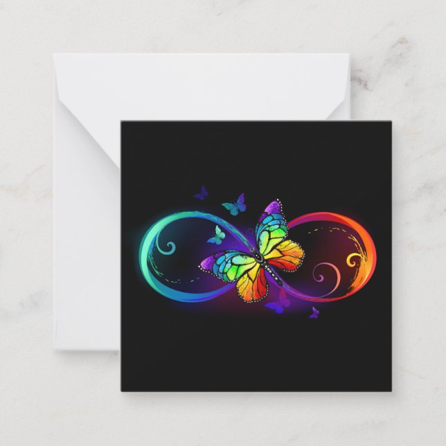 Vibrant infinity with rainbow butterfly on black  note card (Front)