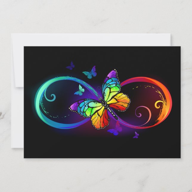 Vibrant infinity with rainbow butterfly on black  note card (Front)