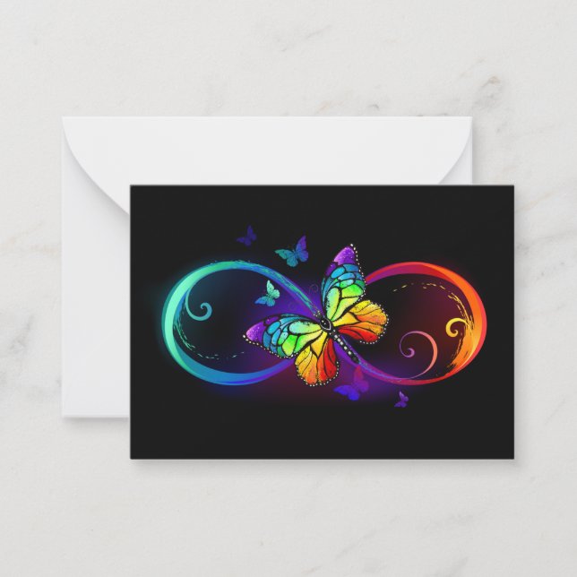 Vibrant infinity with rainbow butterfly on black note card (Front)