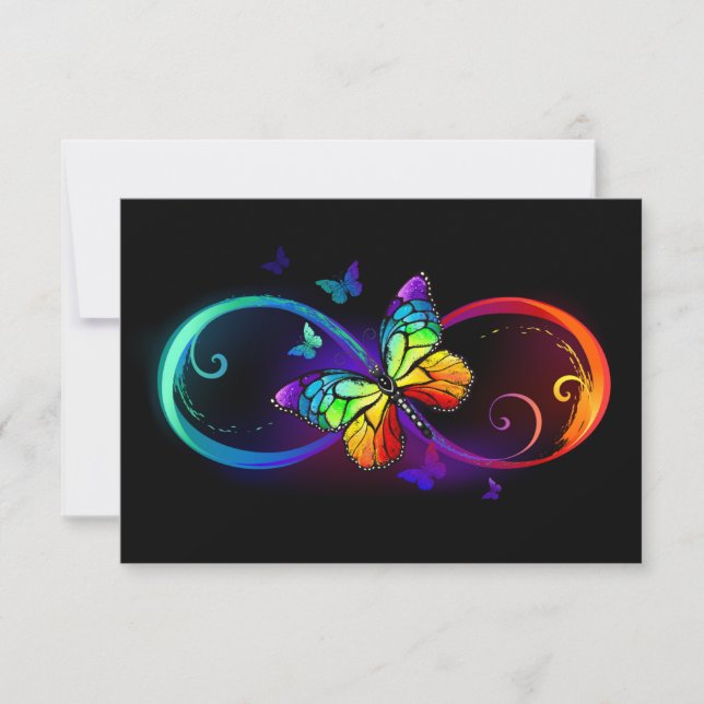 Vibrant infinity with rainbow butterfly on black note card (Front)