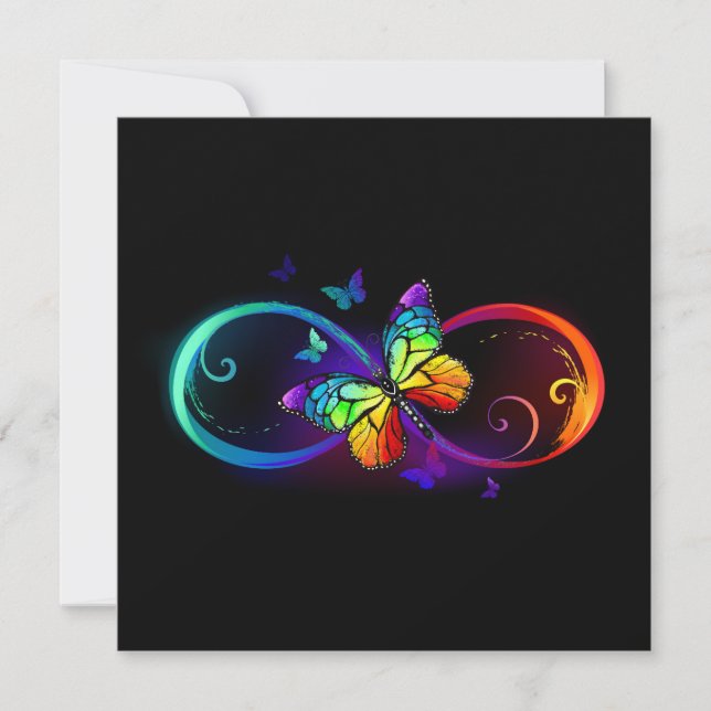 Vibrant infinity with rainbow butterfly on black note card (Front)