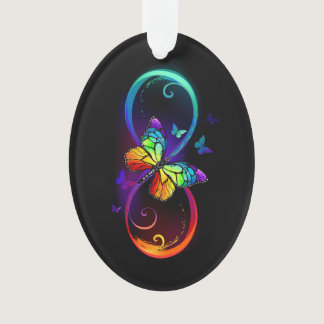 Vibrant infinity with rainbow butterfly on black ornament