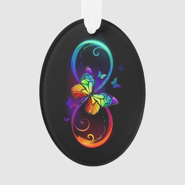 Vibrant infinity with rainbow butterfly on black ornament (Front)