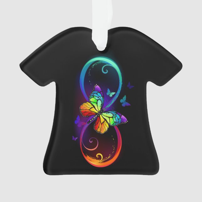 Vibrant infinity with rainbow butterfly on black ornament (Front)