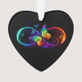 Vibrant infinity with rainbow butterfly on black ornament
