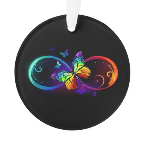 Vibrant infinity with rainbow butterfly on black ornament