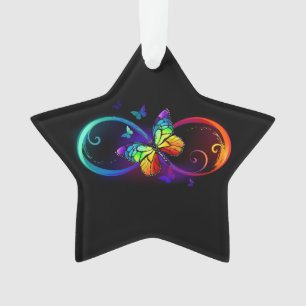Vibrant infinity with rainbow butterfly on black ornament