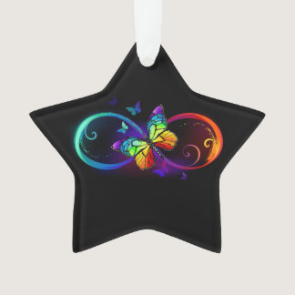 Vibrant infinity with rainbow butterfly on black  ornament