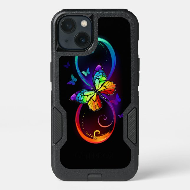 Vibrant infinity with rainbow butterfly on black otterbox iPhone case (Back)
