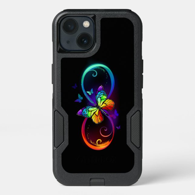 Vibrant infinity with rainbow butterfly on black otterbox iPhone case (Back)